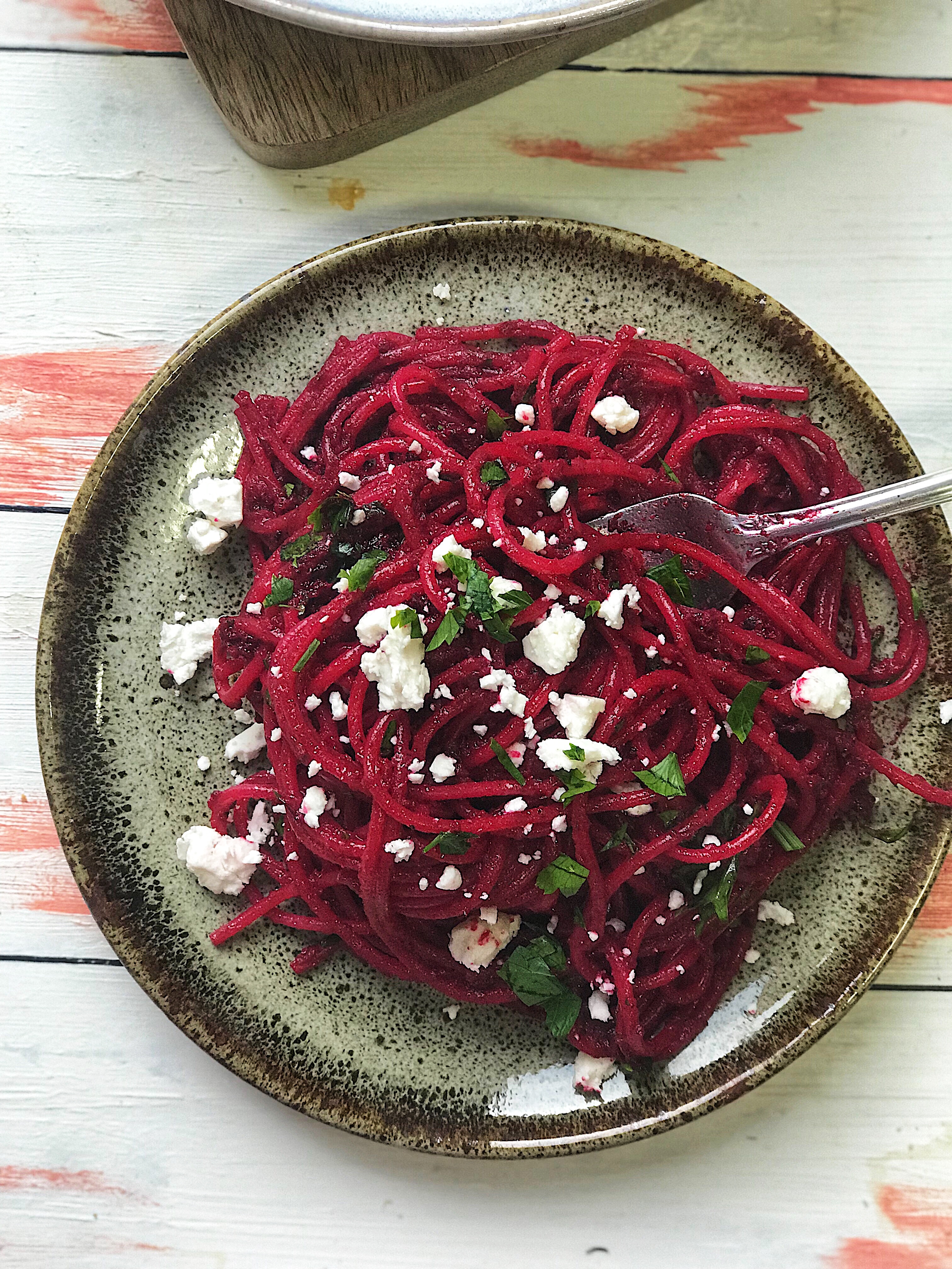 Beetroot Pasta with Goat Cheese Sinamon Tales